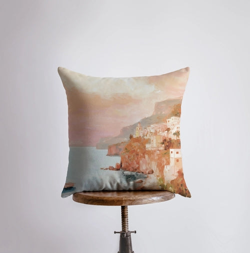 Orange Sunset Town Pillow