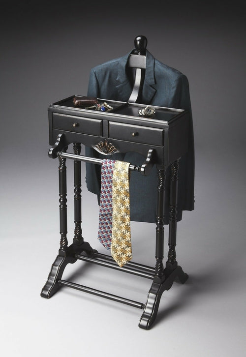 2 Drawer Black Hand Crafted Solid Wood Valet with Antique Brass Finish