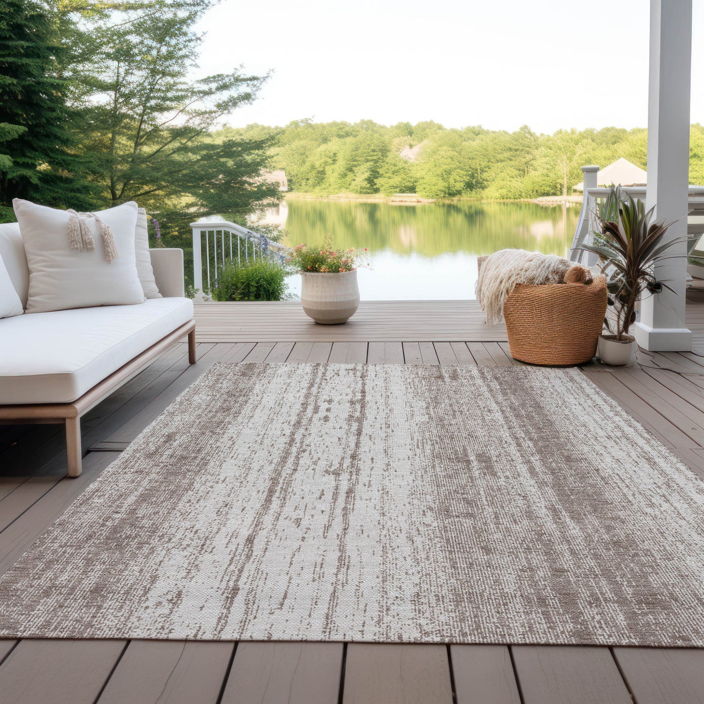 9' X 12' Taupe And Ivory Striped Washable Indoor Outdoor Area Rug