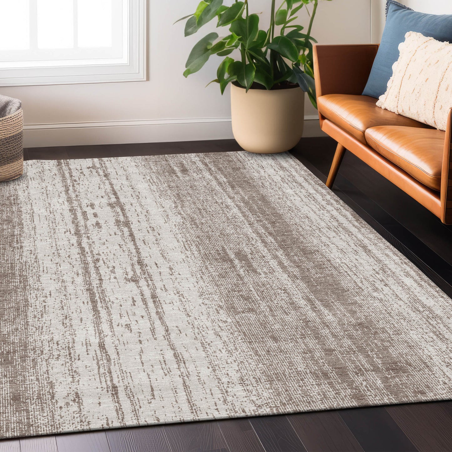 9' X 12' Taupe And Ivory Striped Washable Indoor Outdoor Area Rug