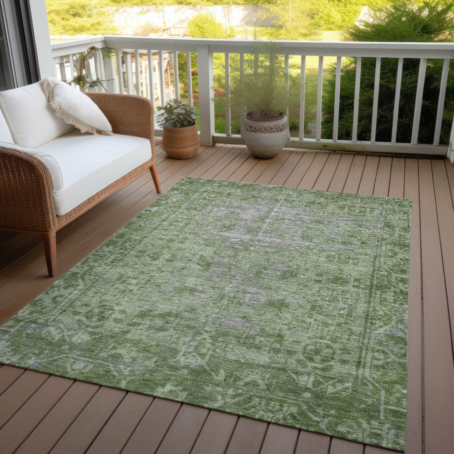 9' X 12' Fern Green Oriental Washable Indoor Outdoor Area Rug
