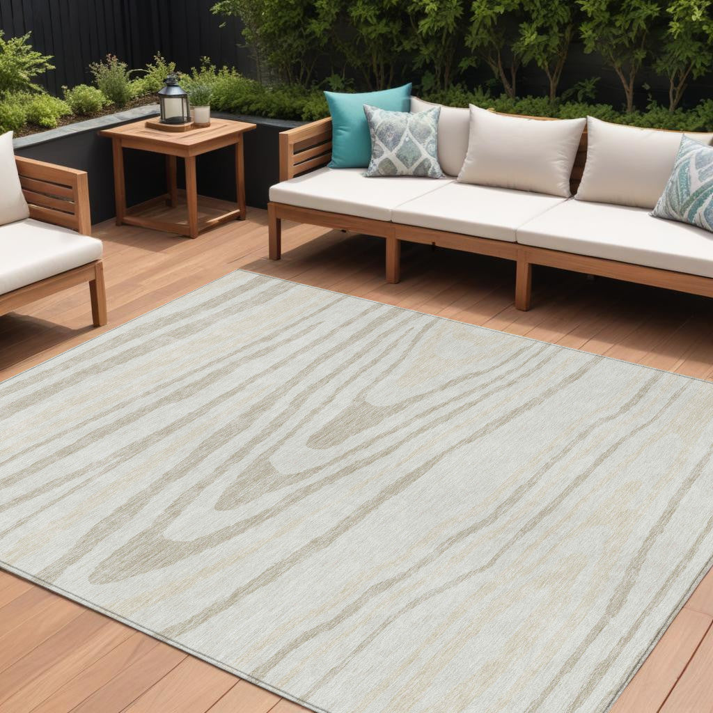8' X 10' Ivory Beige And Taupe Faux Bois Washable Indoor Outdoor Area Rug