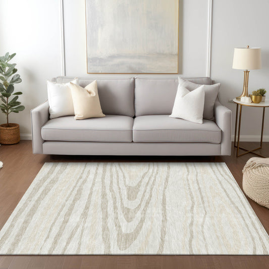 8' X 10' Ivory Beige And Taupe Faux Bois Washable Indoor Outdoor Area Rug