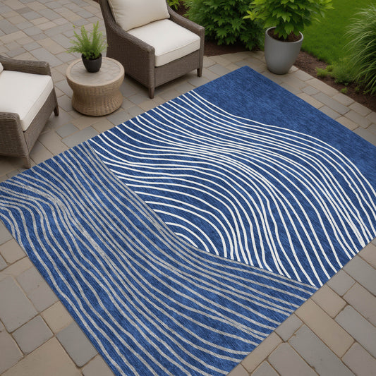 9' X 12' Navy Blue And Ivory Striped Washable Indoor Outdoor Area Rug