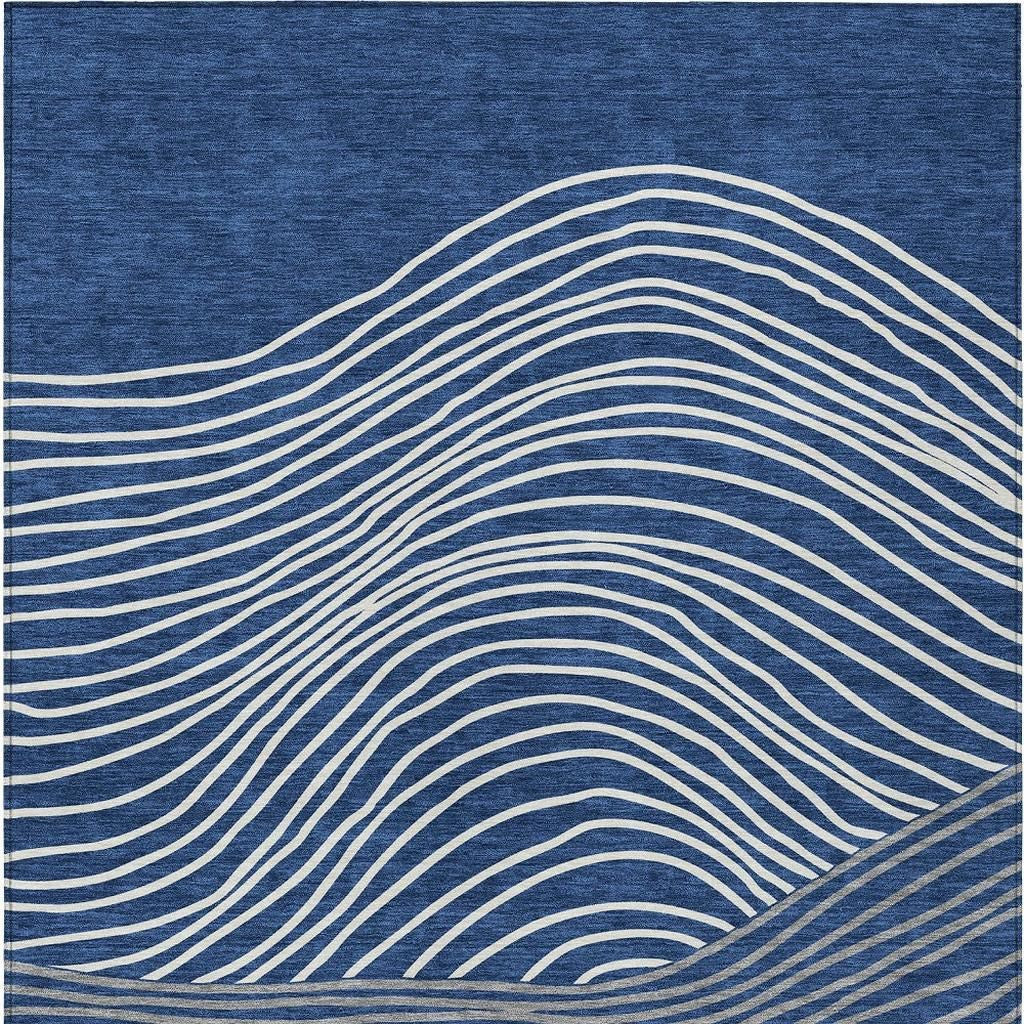 9' X 12' Navy Blue And Ivory Striped Washable Indoor Outdoor Area Rug