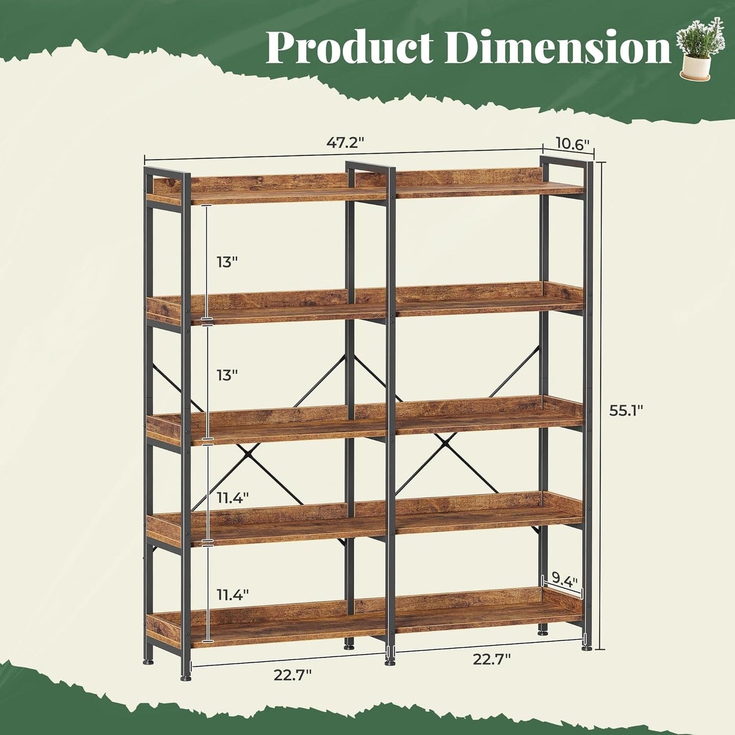 Rustic Brown 5 Tier Bookcase